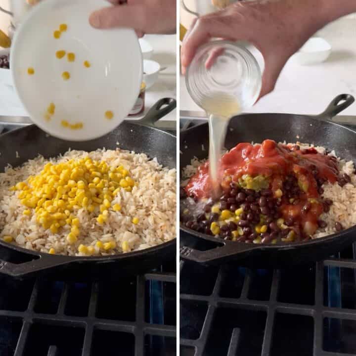 Adding corn and the remaining mexican fried rice ingredients to the skillet.