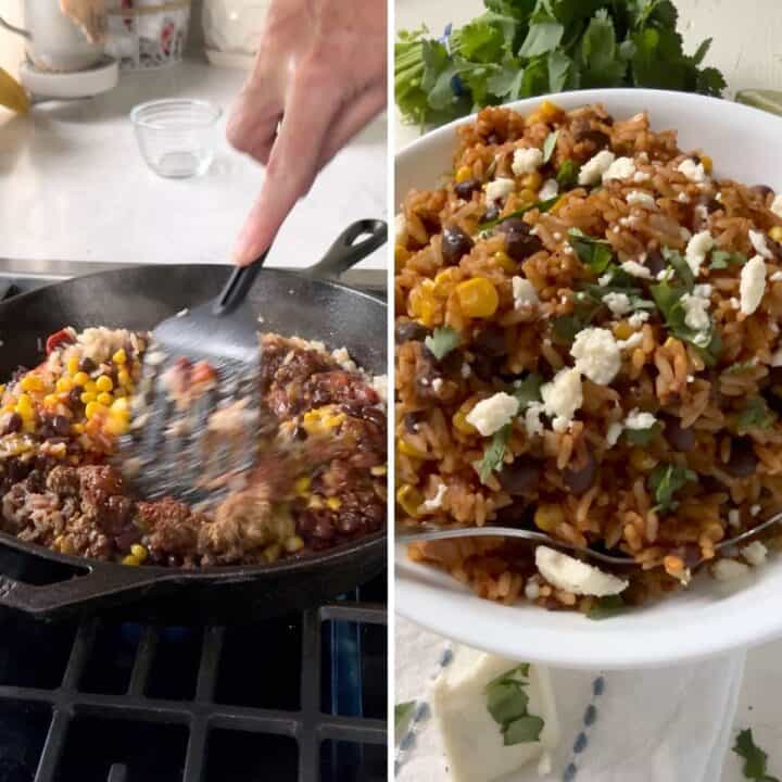 Stirring the mexican fried rice together than serving in a bowl.
