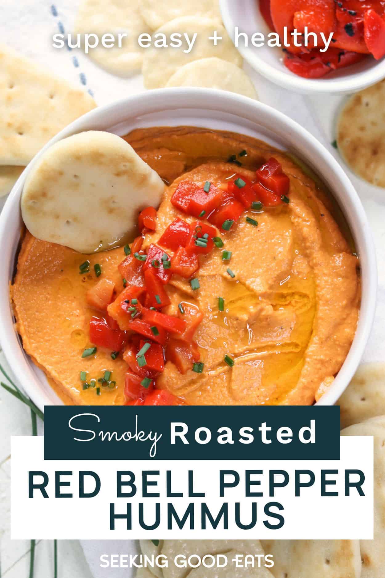 Pinterest pin with roasted red bell pepper hummus in a white bowl.
