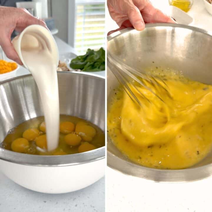 Whisking together the eggs, milk, and seasonings for the savory apple and cheddar cheese frittata.