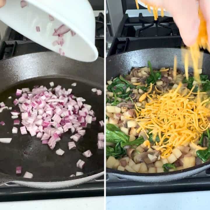 Sauteeing the fresh vegetables and apples then sprinkling cheese for egg frittata.