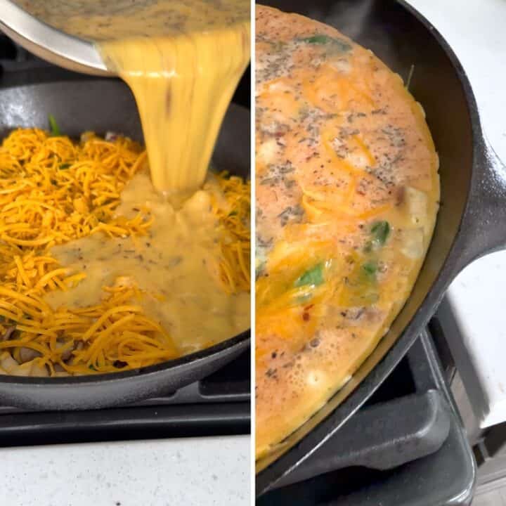 Pouring the egg mixture over the cheddar and apple frittata in a skillet.