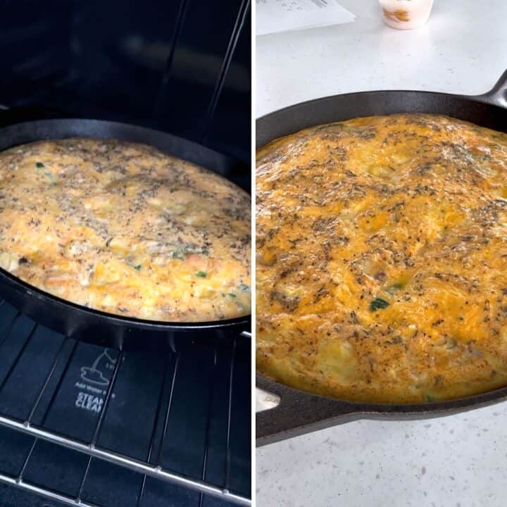 Baking the egg frittata in a cast iron skillet in the oven.