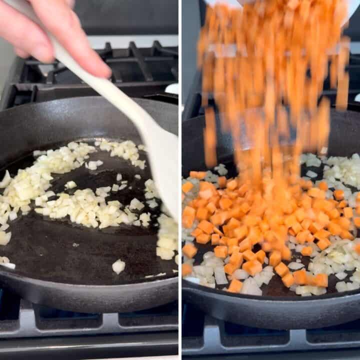 Sauteeing the onion and sweet potatoes in a cast iron skillet.