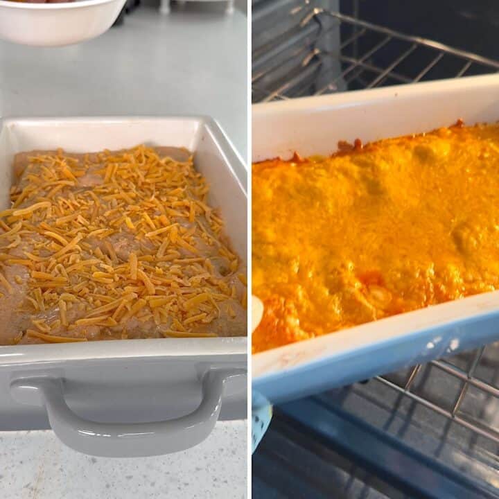 Baking the sweet potato enchiladas in a gray rectangular baking dish in the oven.