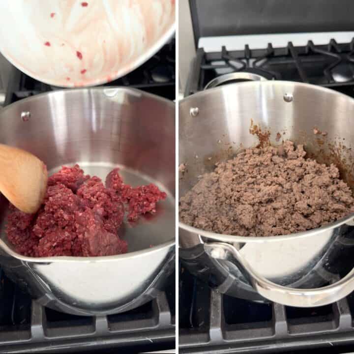 Browning lean ground beef in a soup pot to make enchilada soup.