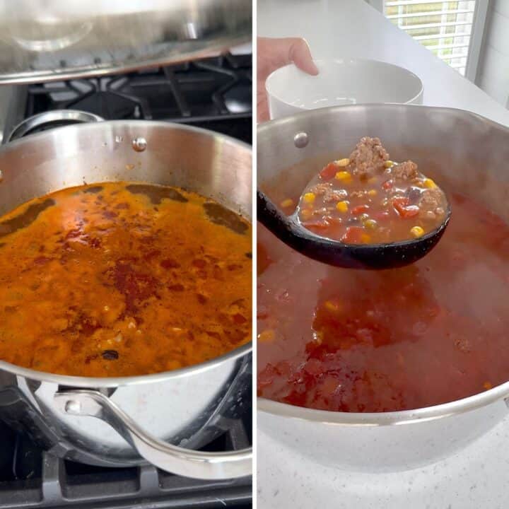 Simming and serving the ground beef enchilada soup.