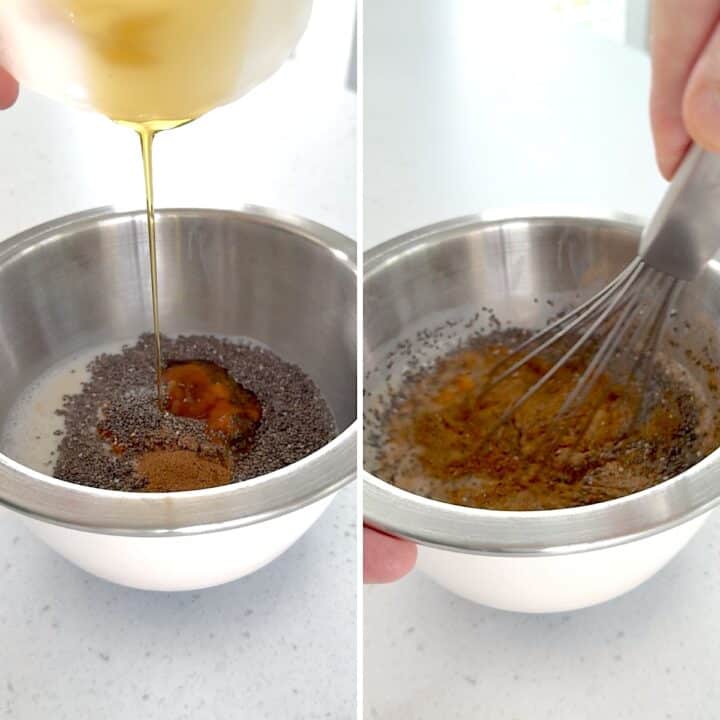 Adding all of the pumpkin chia pudding to a mixing bowl and whisking together.
