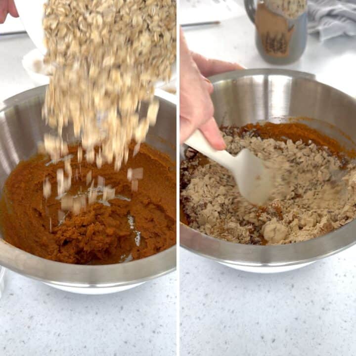 Mixing all the pumpkin pie protein ball ingredients in a large mixing bowl.
