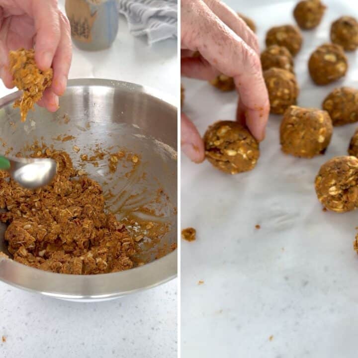 shaping the pumpkin protein balls and placing on parchment paper.