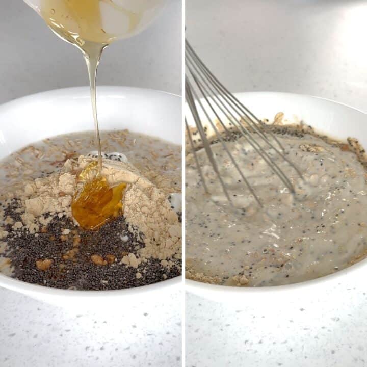 Mixing all the strawberries overnight oats in a white bowl.