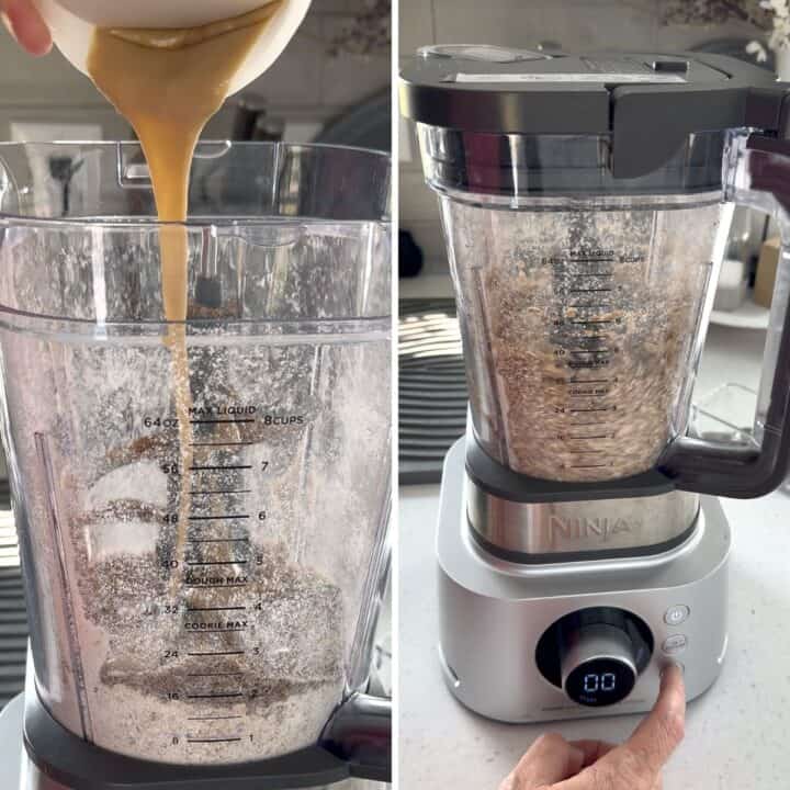 Adding tahini to the no bake energy bites mixture.