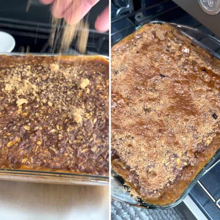 Sprinkling brown sugar over the baked pumpkin oatmeal.