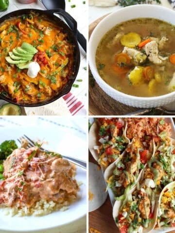 A collage of four boneless chicken thigh recipes, chicken fajita casserole, chicken soup, italian chicken thighs, and chicken fajitas.