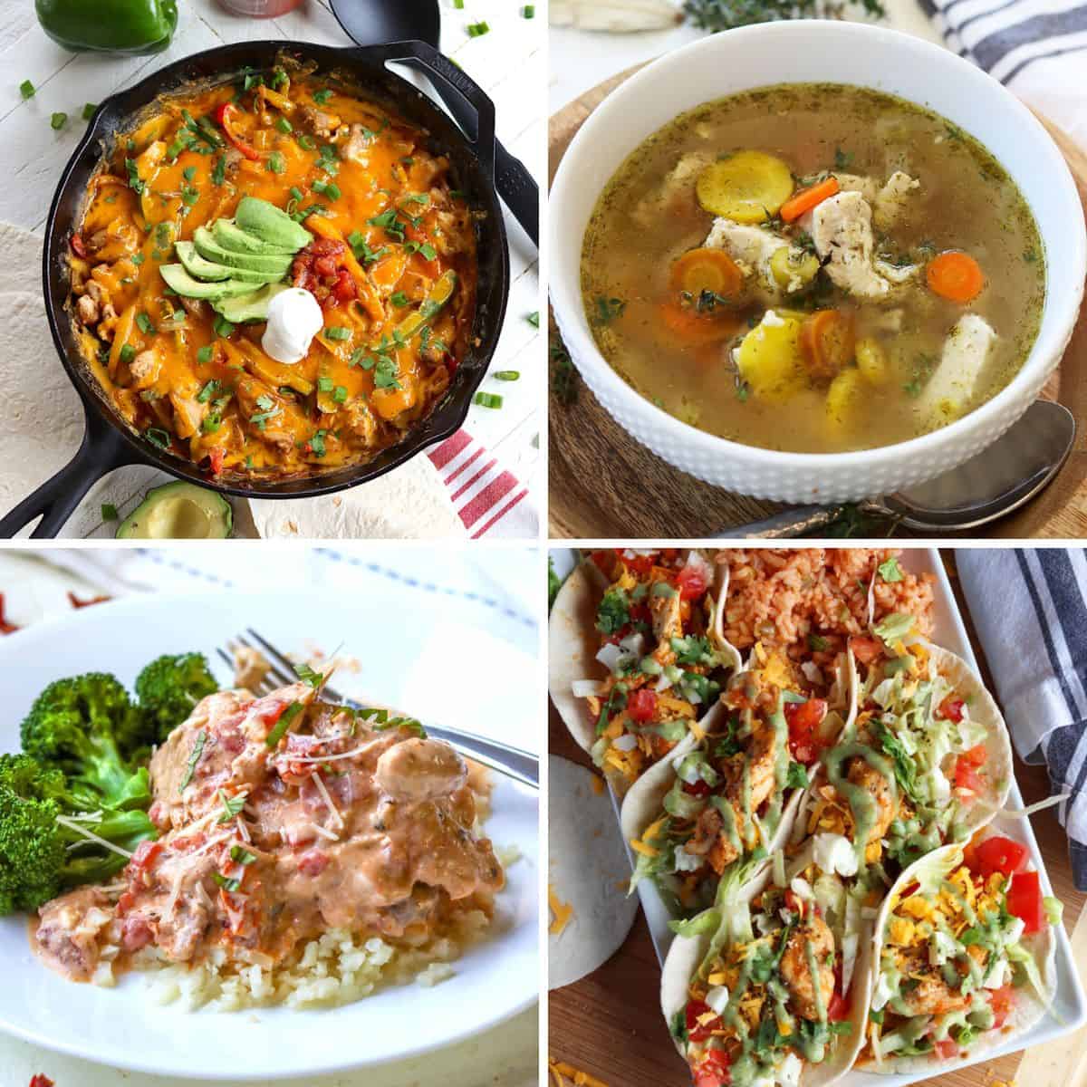 A collage of four boneless chicken thigh recipes, chicken fajita casserole, chicken soup, italian chicken thighs, and chicken fajitas.