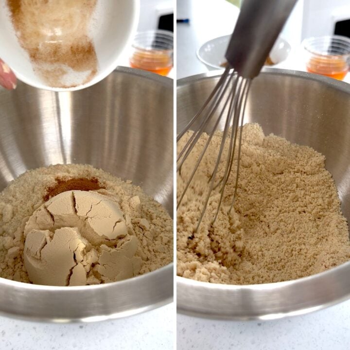 Whisking the protein powder and dry ingredients for the protein balls in bowl.