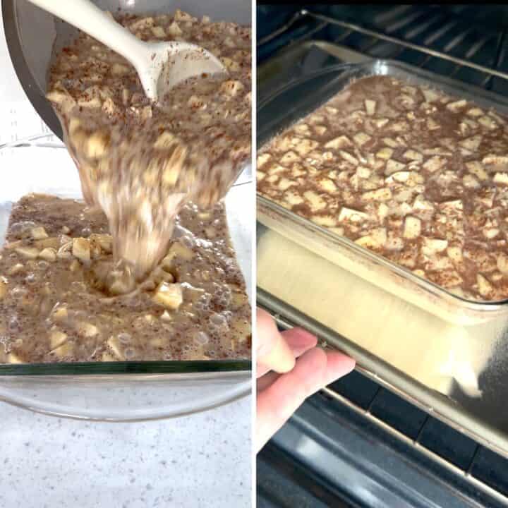 Pouring the apple cinnamon baked oatmeal mixture into a clear glass baking dish then placing in the oven.