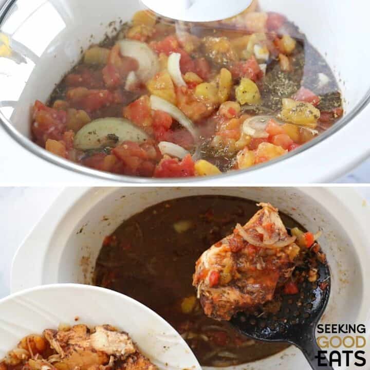 Slow cooking boneless skinless chicken thighs in a balsamic vinegar, Italian seasoning, and veggie blend.