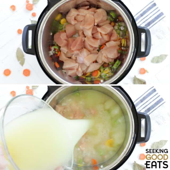 Adding the ingredients and pouring broth into the Instant Pot chicken soup.