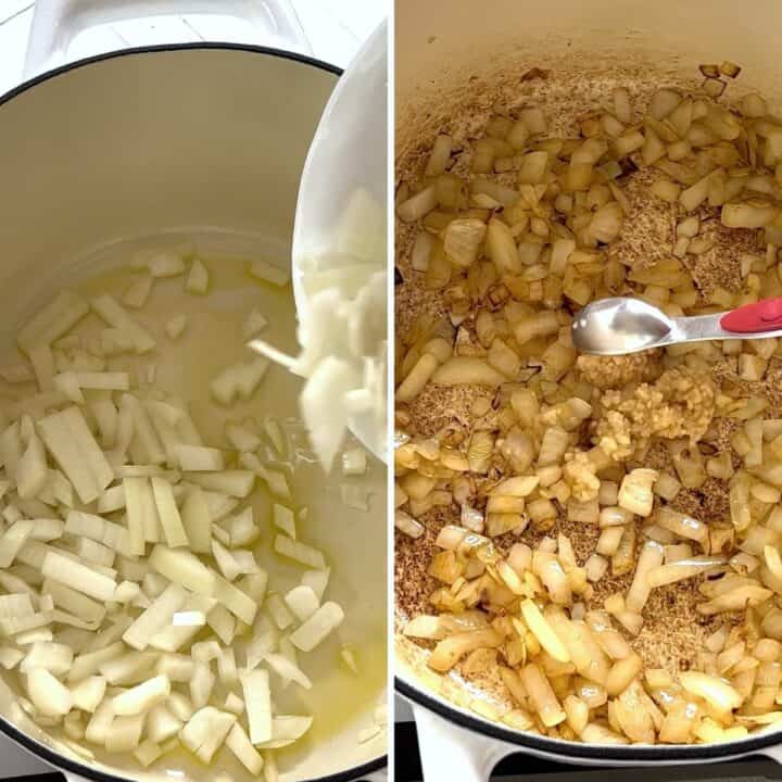 Sauteeing onion and garlic to make creamy tomato with chicken soup.