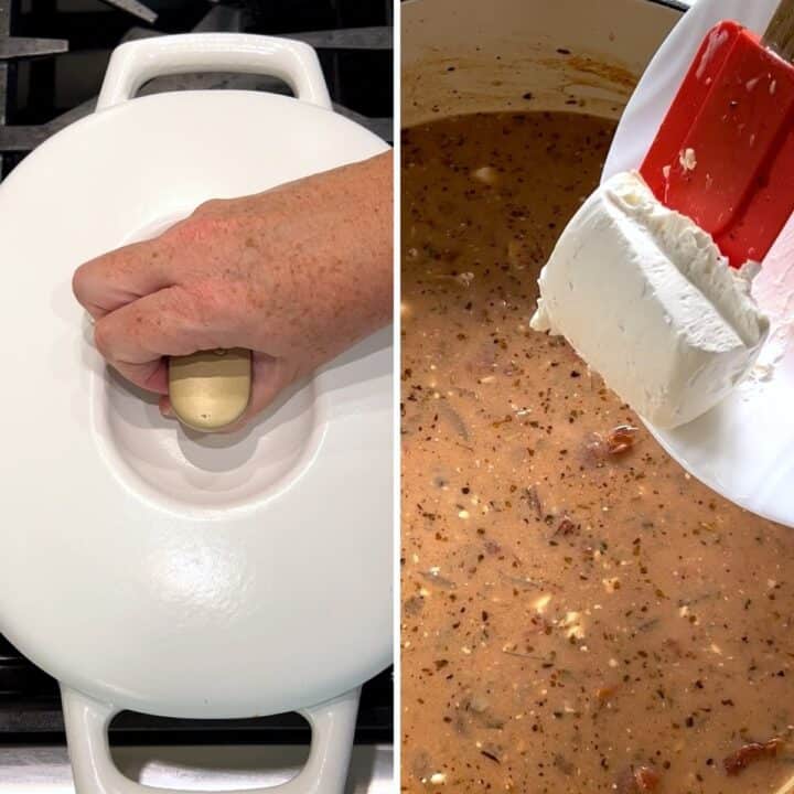 Simmering the chicken tomato soup then adding the cream cheese.