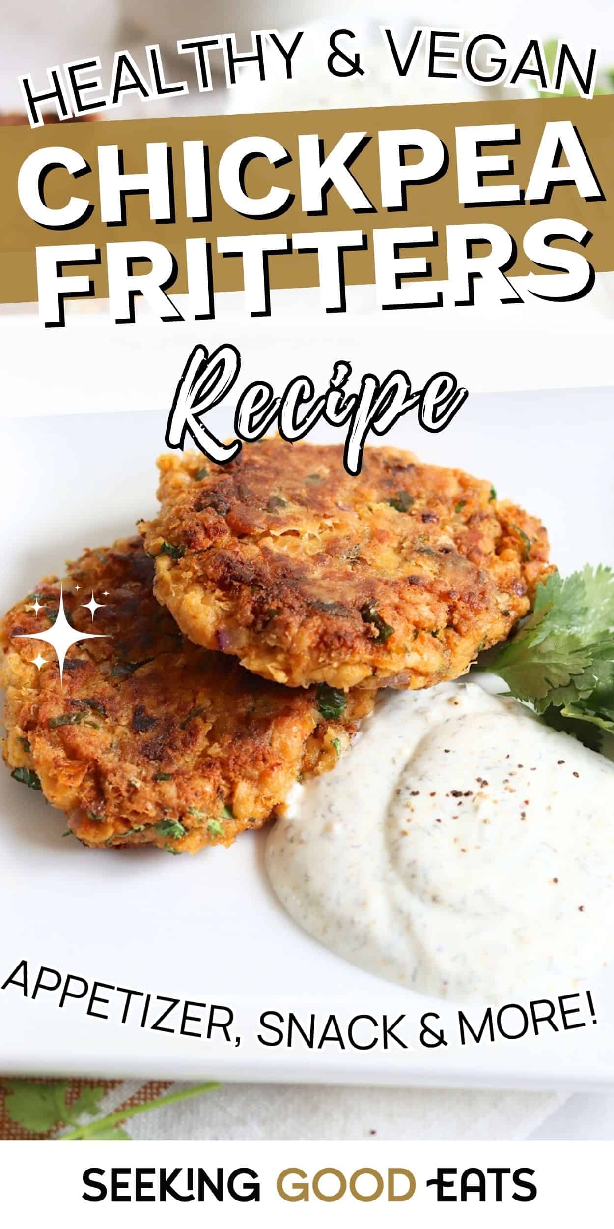 Golden brown chickpea fritters served with creamy dipping sauce on a white plate - a healthy vegan and gluten-free snack.