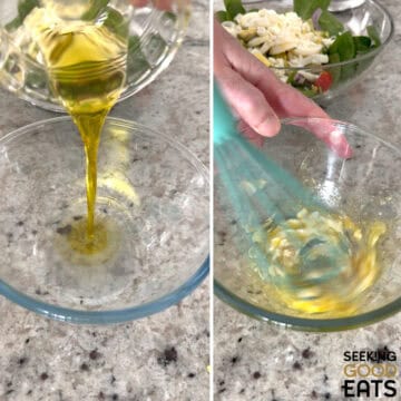 Pouring oil into a glass bowl and whisking for avocado egg salad.