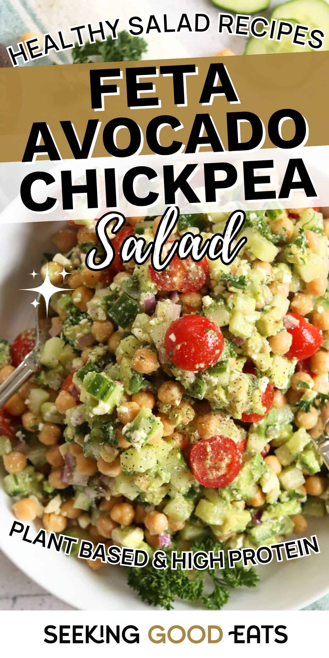 A bowl of feta avocado chickpea salad with cherry tomatoes, cucumber, and herbs - a healthy Mediterranean lunch option.