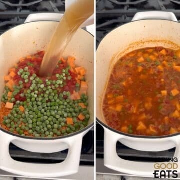 Adding ingredients for sweet potato red lentil curry recipe to the white Dutch oven and then simmering.