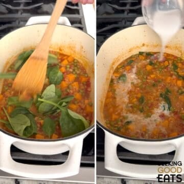 Adding spinach to sweet potato red lentil curry recipe and then adding a cornstarch slurry.