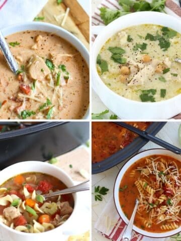 A collage of four images of chicken soup recipes in white bowls