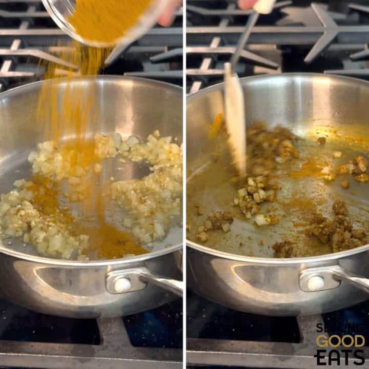 Adding curry powder to chickpea curry to bloom the flavor.