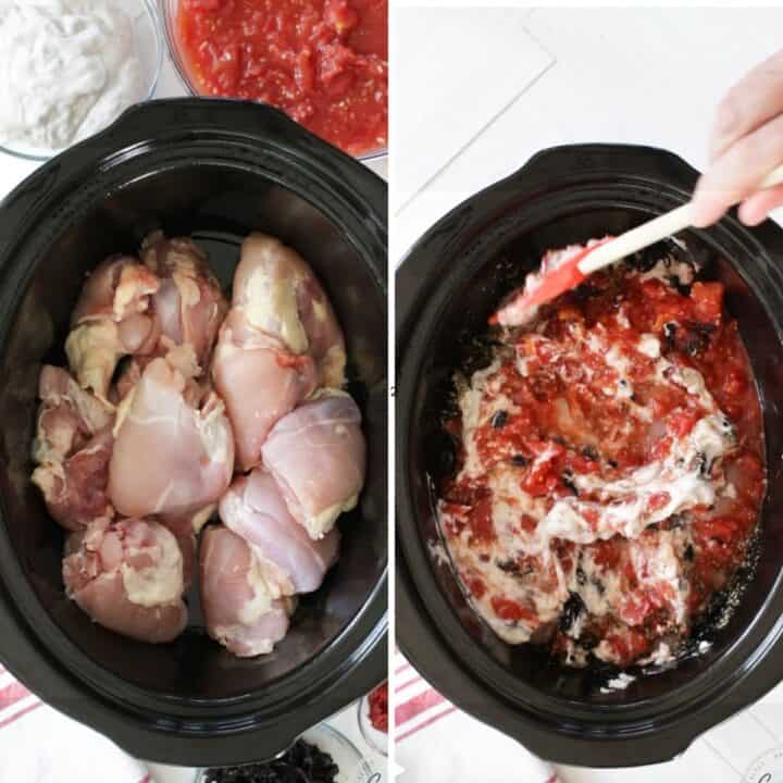 Adding soup, tomatoes and boneless skinless chicken thighs to make Italian style slow cooker chicken thighs