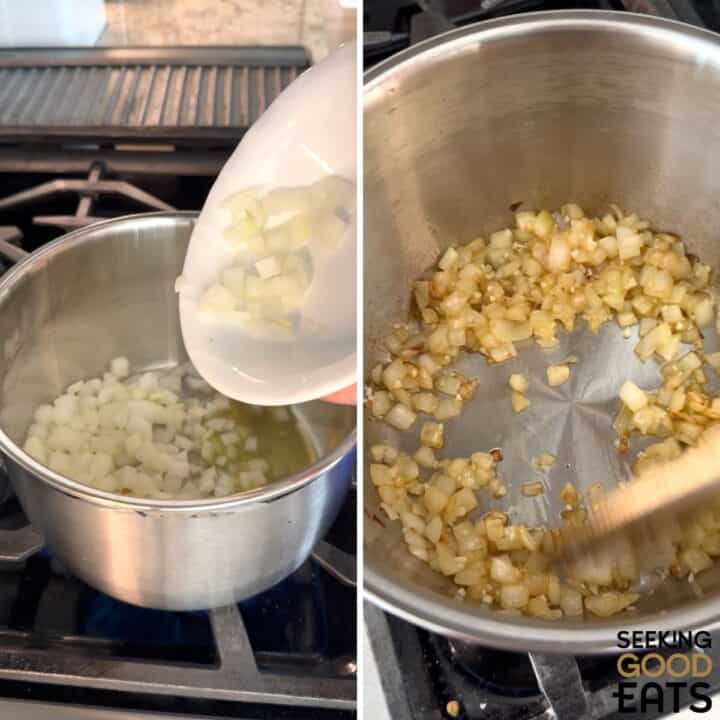 Sautéing onions and garlic for the red lentil tomato soup.