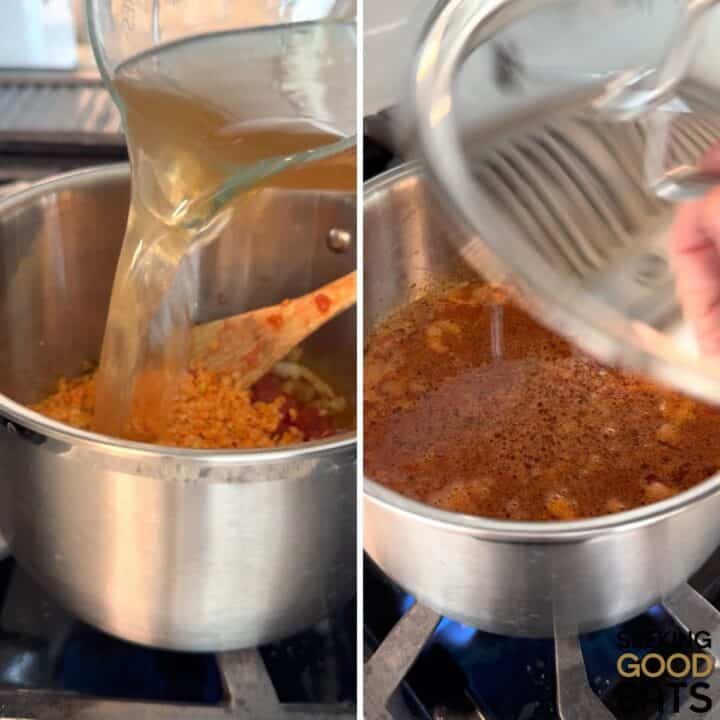 Adding the lentils, broth, and simmering red lentil tomato soup in a large soup pot.
