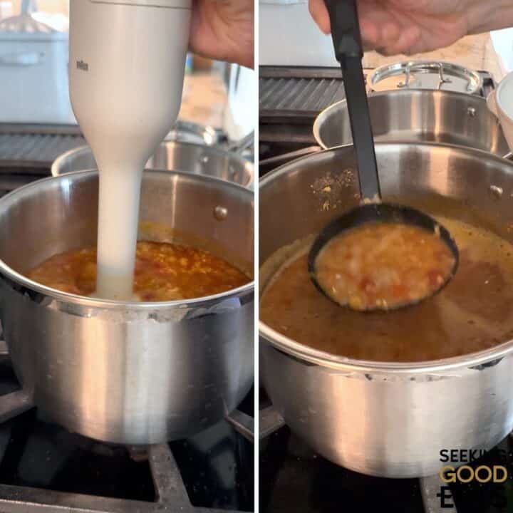 Blending and serving the red lentil tomato soup.