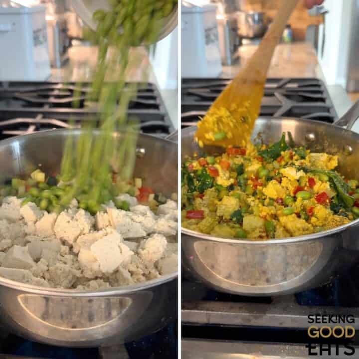 Adding edamame to the veggie loaded tofu scramble.