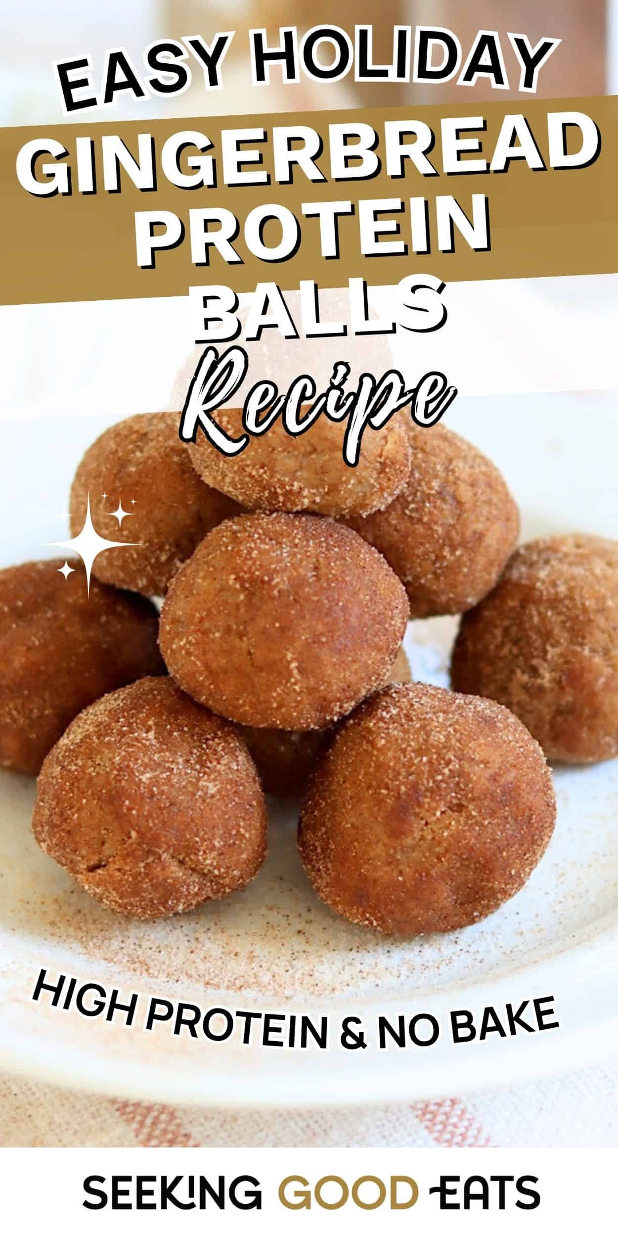 Plate of no bake gingerbread protein balls coated in cinnamon and sugar, stacked as a healthy high-protein snack.