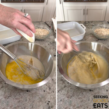 Whisking together the wet ingredients for banana chocolate chip baked oatmeal in a silver bowl.
