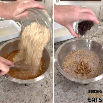 Adding oats, nuts and chocolate chips to the silver bowl for banana chocolate chip baked oatmeal.