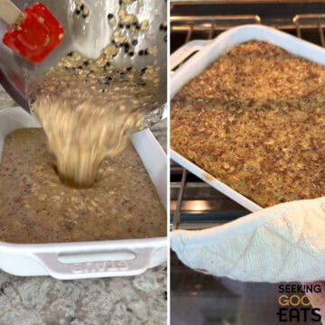 Pouring the mixture in a white serving dish to bake in the oven.