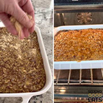 Sprinkling brown sugar on top and broiling banana chocolate chip baked oatmeal before serving.