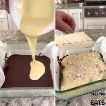 Pouring the melted white chocolate over the hardened chocolate and topping with broken peppermint pieces for sugar free peppermint bark.