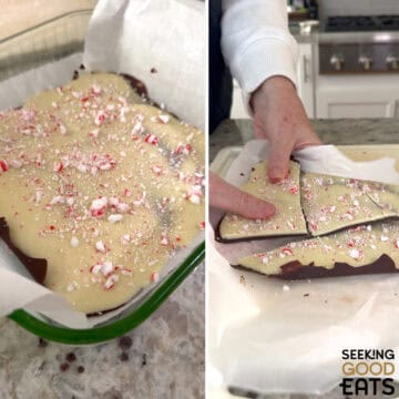 Lifting the sugar free peppermint bark out of the baking dish, and breaking into pieces for serving.