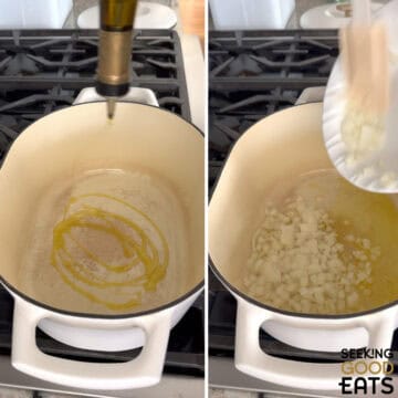Adding oil and onions to a white Dutch oven to make chili with black eyed peas and collard greens.