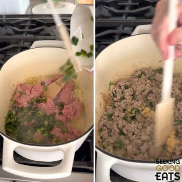 Adding in the peppers and seasonings to sauté for chili with black eyed peas and collard greens to the Dutch oven.