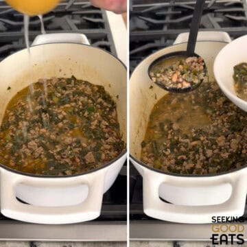Adding lime juice and then serving the chili with black eyed peans and collard greens in a white bowl.