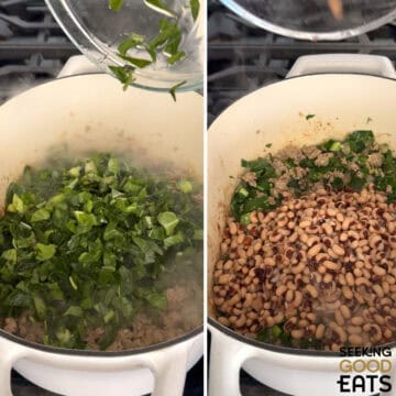Adding in the collard greens and black eyed peas to the Dutch oven for chili with black eyed peas and collard greens.