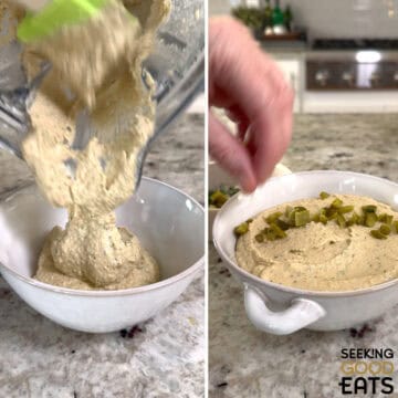 Pouring out the creamy dill pickle hummus to a serving bowl and adding diced dill pickle to garnish the top.
