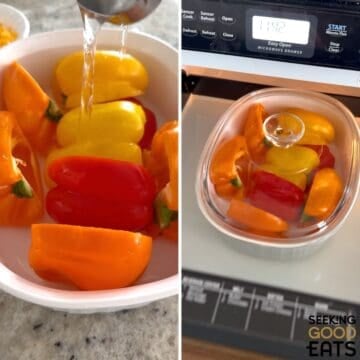 Microwaving colorful halved bell peppers.